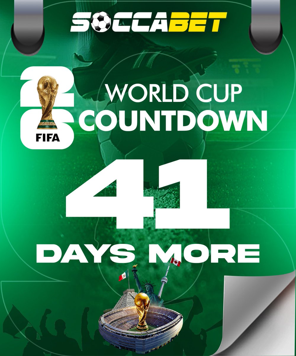 soccabet's tweet image. The countdown is on! Just 41 days left until World Cup action kicks off. Who’s ready for football’s biggest stage? 🌍🏆
#BetwithSoccabet #WorldCup2026