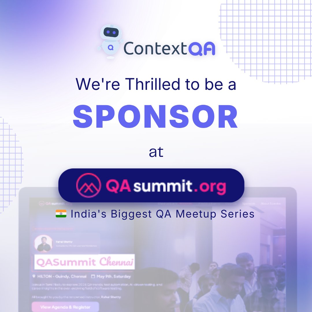 ContextQa's tweet image. ContextQA sponsors QASummit Chennai 2026.

Rahul’s 3.5hr AI testing deep-dive is exactly what QA needs. 

Join us May 9th, Hilton Guindy. Let’s evolve testing. 

#QASummitChennai #AITesting #QualityEngineering #ContextQA #RahulShettyAcademy