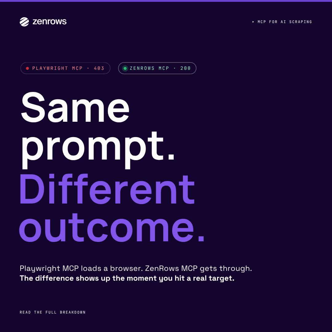 ZenRowsHQ's tweet photo. Your AI agent can navigate pages. It can't bypass anti-bots.
That's the gap. Here's how to close it.

🔗 https://t.co/muda70odBv https://t.co/ETY9kA28Q9
