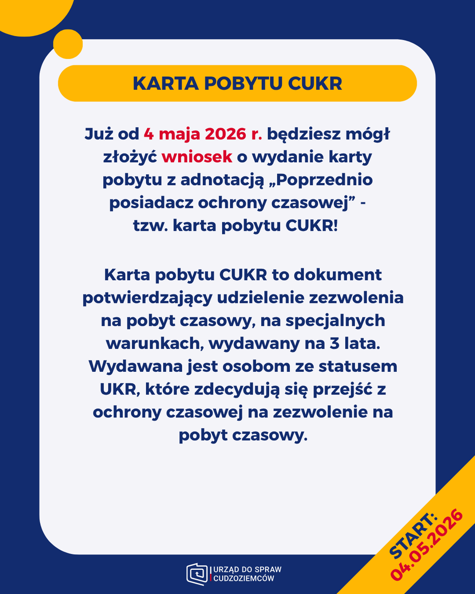 UdSC_gov_pl's tweet photo. ℹ️Już od 4 maja 2026 r. możliwe będzie składanie wniosków o wydanie karty pobytu z adnotacją „Poprzednio posiadacz ochrony czasowej” (tzw. karty pobytu CUKR).

Zapraszamy do zapoznania się z praktycznymi informacjami dotyczącymi procedury wydania tzw. karty pobytu CUKR, dostępnymi na naszej stronie internetowej oraz z odpowiedziami na najczęściej zadawane pytania https://t.co/hdNUhkw2Wz - informacje dostępne są także w ukraińskiej wersji językowej.

Zachęcamy także do zapoznania się z informacjami na temat korzystania z nowego portalu MOS: https://t.co/U77Sy6DmcG, za pośrednictwem którego możliwe będzie składanie wniosków o wydanie karty pobytu CUKR.