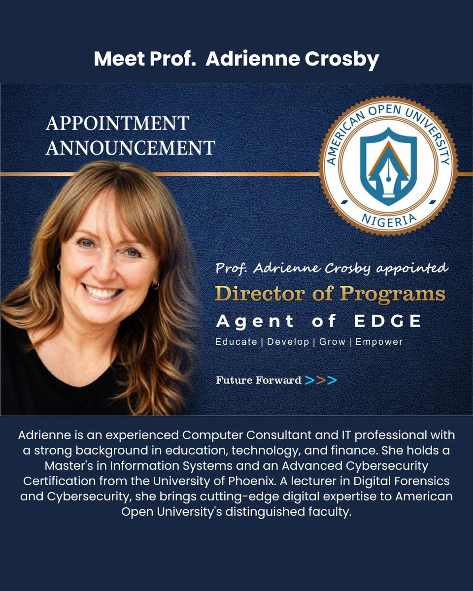 AGlobal_Campus's tweet image. At American Open University, excellence is not a goal— it is our standard. 
Meet our newest Agents of EDGE— Dana Cruz, JD and Prof. Adrienne Crosby
Our commitment to delivering world-class education to Nigeria and beyond remains unwavering
The best is truly yet to come🎓
 #global