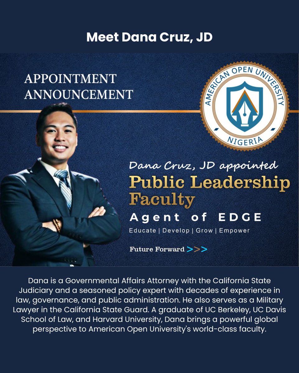 AGlobal_Campus's tweet image. At American Open University, excellence is not a goal— it is our standard. 
Meet our newest Agents of EDGE— Dana Cruz, JD and Prof. Adrienne Crosby
Our commitment to delivering world-class education to Nigeria and beyond remains unwavering
The best is truly yet to come🎓
 #global