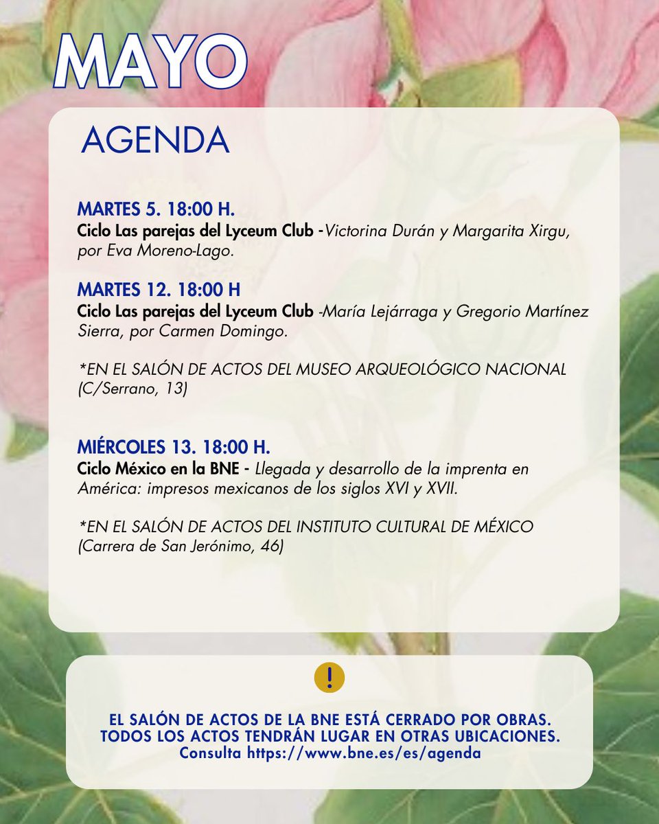 BNE_biblioteca's tweet image. No te pierdas nuestra  #agenda cultural de #mayo.🌸
🗓️Recordamos que mañana día 1 de mayo la biblioteca (incluidas las exposiciones) permanecerá cerrada.
⏰Sábado 2 y domingo 3 de mayo las exposiciones abrirán de 10 a 14 horas.
🔎Consulta nuestra web: 🔗bne.es/es/agenda