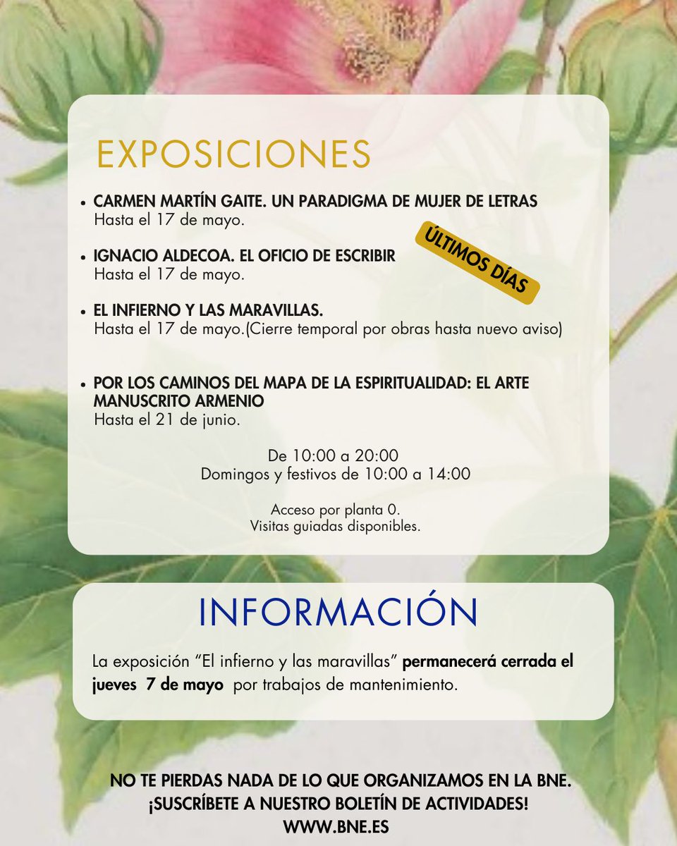 BNE_biblioteca's tweet image. No te pierdas nuestra  #agenda cultural de #mayo.🌸
🗓️Recordamos que mañana día 1 de mayo la biblioteca (incluidas las exposiciones) permanecerá cerrada.
⏰Sábado 2 y domingo 3 de mayo las exposiciones abrirán de 10 a 14 horas.
🔎Consulta nuestra web: 🔗bne.es/es/agenda