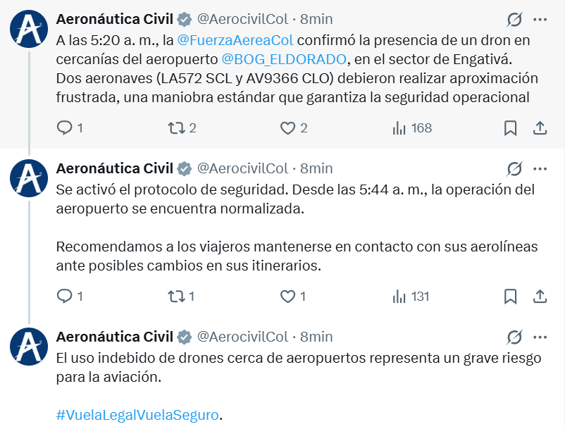 NoticiasRCN's tweet image. 🔴#Noticia |  La Aerocivil informa que la Fuerza Aeroespacial Colombiana confirmó la presencia de un dron en cercanías del aeropuerto El  Dorado de Bogotá a las 5:20 a.m. “Dos aeronaves debieron realizar aproximación frustrada, una maniobra estándar que garantiza la seguridad