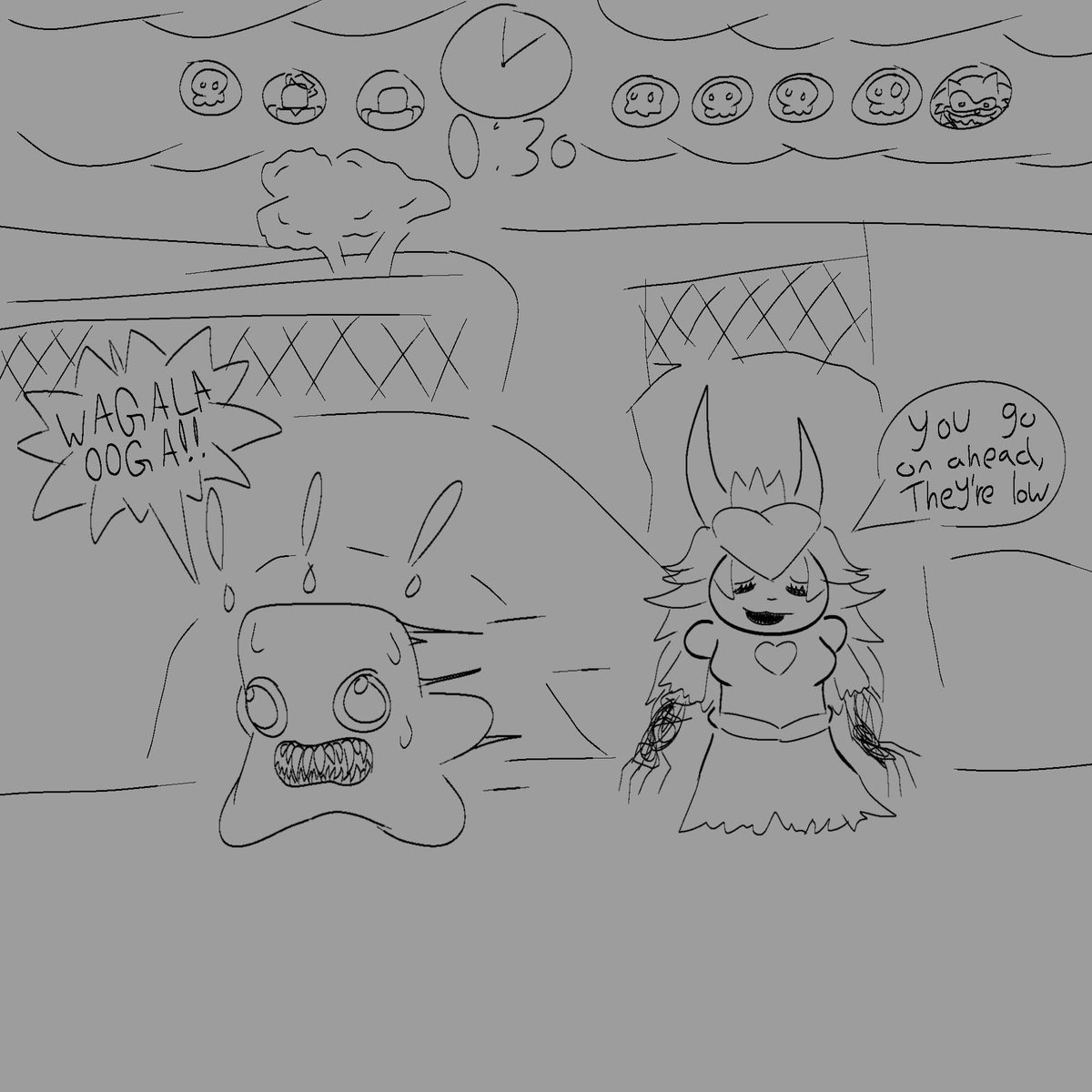 rayrcrusher's tweet image. Suggestive up ahead! (I think)

"30 seconds left in the clock, we got thi.. how he die.."

*Meanwhile*

/Got this idea from a Twitter post/
#pillarchase2 #forestking
#CoronationDayPeach #art