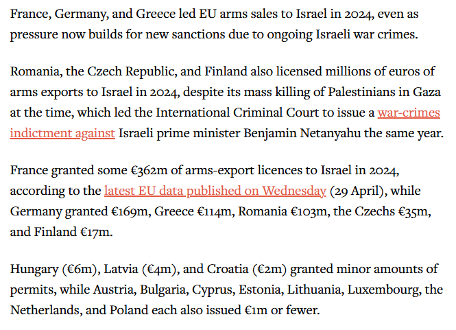 JoannaTeglund's tweet photo. Countries that topped EU arms sales to Israel in 2024 during the ongoing genocide in Gaza:
France
Germany
Greece
Czech Republic
Finland
Hungary
Latvia
Croatia
Austria
Bulgaria
Cyprus
Estonia
Lithuania
Luxembourg
the Netherlands
Poland
https://t.co/9rminpYl9Y https://t.co/TrVBtZwrGc