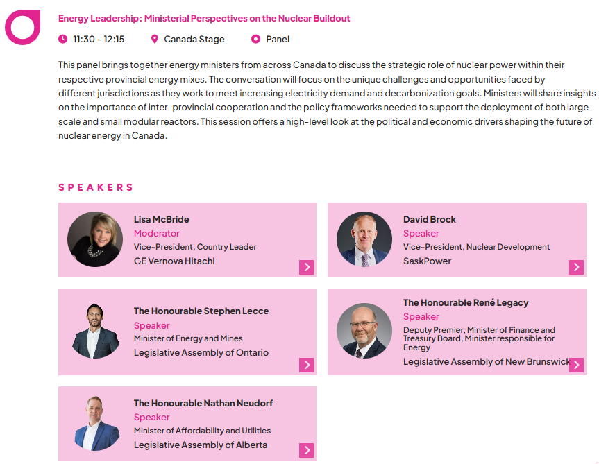 gvhnuclear's tweet photo. Today at #CNA2026 GVH Canada Leader Lisa McBride will moderate a discussion “Energy Leadership: Ministerial Perspectives on the Nuclear Buildout.” The panel will include ministers from Ontario, New Brunswick and Alberta as well as the VP of nuclear development for SaskPower. https://t.co/x6WbPWlqjf