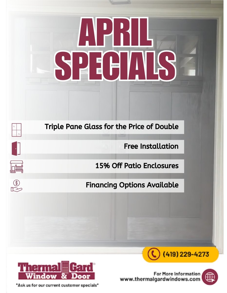 ThermalGard4273's tweet image. ⏳TIME is RUNNING OUT!⌛ Our April specials are set to expire - make sure you get the deal you deserve TODAY!

Call (419) 229-4273 or visit our website to schedule your free estimate.

#AprilSavings #HomeImprovement #EnergyEfficient #Windows #Doors #Lima #Ohio