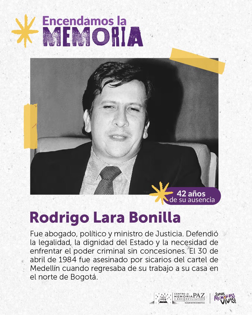 #Efemérides 🕯️ Hoy, 30 de abril, encendemos la memoria por Darío Betancourt Echeverry, Enrique Low Murtra y Rodrigo Lara Bonilla.

¡La memoria resiste!

#SomosMemoriasVivas