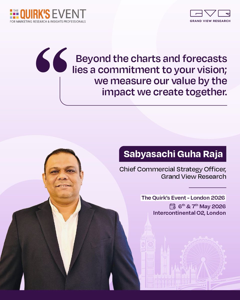 GrandViewInc's tweet image. Representing Grand View Research, Sabyasachi Guha Raja will be attending The Quirk's Event 2026, on 6th and 7th May, to engage with the innovators and leaders shaping our industry.

#GVR #QuirksLondon #MarketResearch #Networking #StrategicInsights #ConsumerInsights #DataStrategy