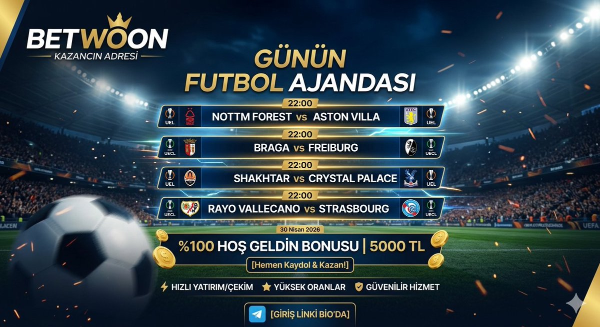 Nazlibets10's tweet photo. 🔥 Bu akşam Avrupa’yı kim sallar?
​Yarı finalin ilk ayağında Nottingham Forest mı, yoksa Aston Villa mı avantajı kapar? Tahminini yap, Betwoon’un ayrıcalıklı dünyasında yerini al! 🎯
​Gecenin sürprizi hangi maçta gelir? Yorumlarda buluşalım! 👇
​#Betwoon #SkorTahmin #AvrupaLigi https://t.co/7T534P9VaX