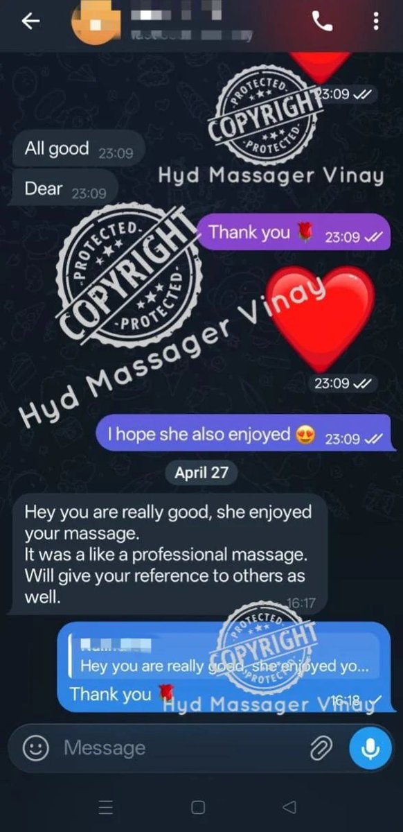 Hyd_massager's tweet photo. New client feedback ❤️
Anyone wants best massage in Hyderabad ping me🌹 https://t.co/kgzgOGZBHl