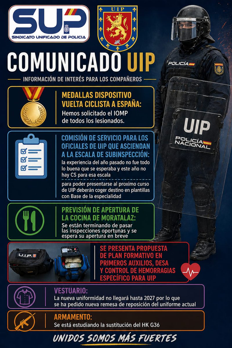 FuipSup's tweet image. 🗣️📢 FUIP INFORMA:
🔹Medallas Dispositivo Vuelta
🔹CS E. Subinspección
🔹Cocina Moratalaz
🔹Formación
🔹Vestuario
🔹Armamento
📝Vente al mejor sindicato en #UIP
➡️ altas.sup.es