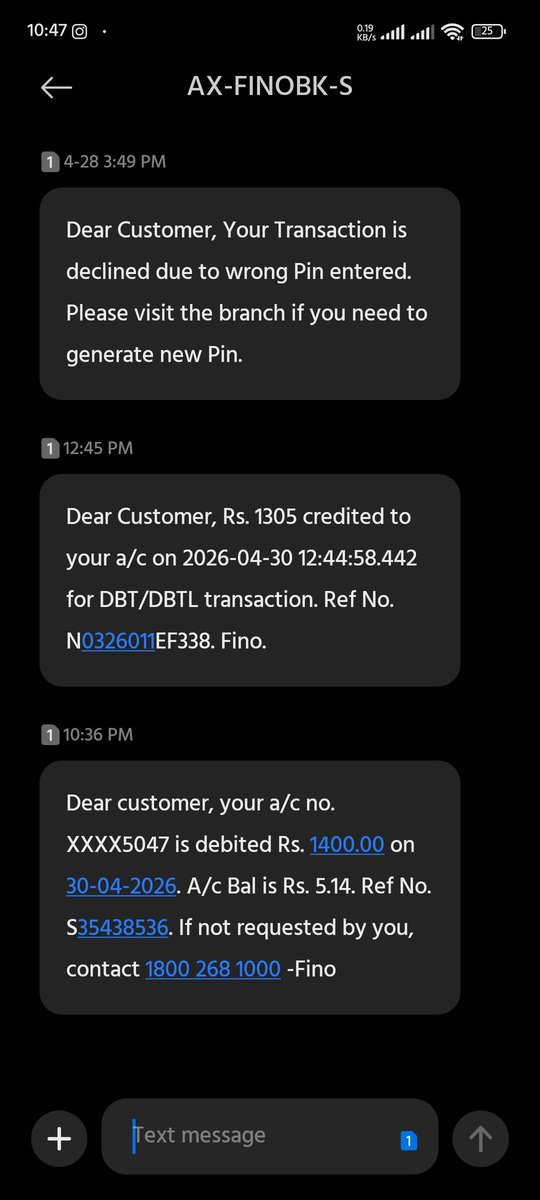 vsujit444's tweet photo. @FinoPaymntsBank hi team, 
Could you please confirm any suspicious activity from my number. Because I am getting messages like debit and credit. Please confirm as I am unable to connect with your toll free https://t.co/a1byjbhCOs