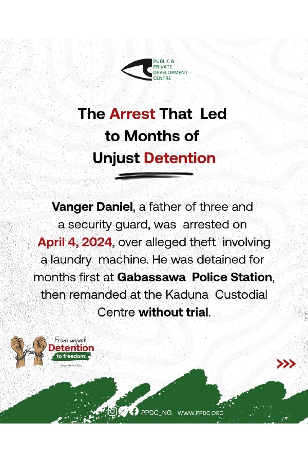 PPDC_ng's tweet photo. Months in detention.
No trial.
No resolution.

When Vanger Daniel’s case was finally heard, he was sentenced to just two weeks of community service.

This is why access to justice matters.
No one should lose months of their life waiting to be heard.

#ppdc_ng #fromunjustdetentiontofreedom #accesstojustice #justice