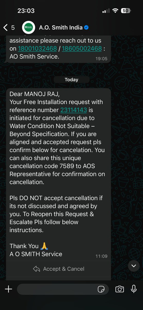 _manojraj_'s tweet photo. @FlipkartSupport FORMAL GRIEVANCE (1/2): Order OD437363187125284100. AO Smith Tech REJECTED installation (Ref: 23114143) as "Beyond Specification." Per manufacturer, installing this Z10 RO at 150 TDS is a HEALTH HAZARD due to mineral stripping.(Evidence attached)@jagograhakjago https://t.co/1pyT2j9gIw