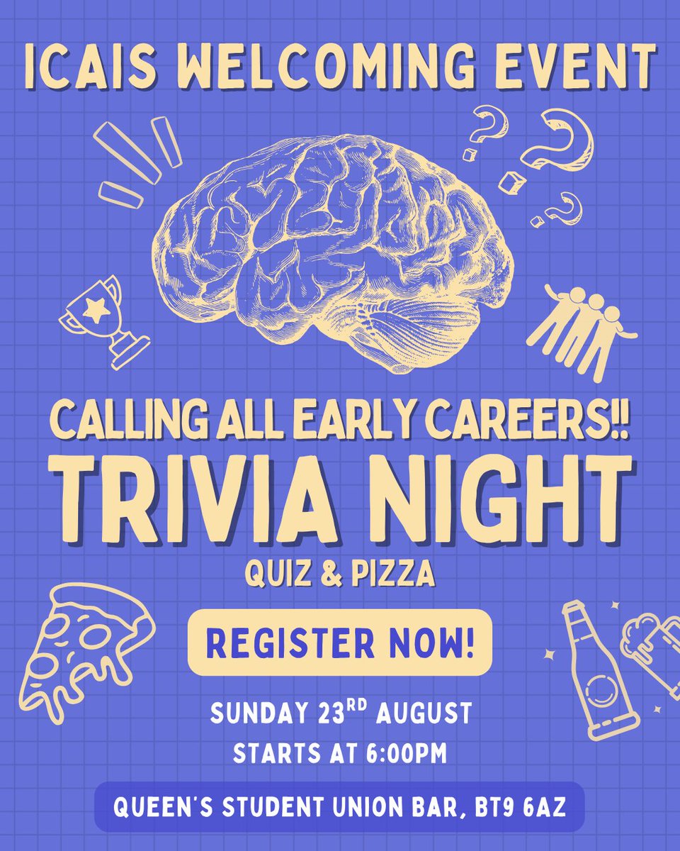 ICAISorg's tweet photo. Calling all early career professionals and students! Join in for a quiz and pizza evening on Sunday 23rd August 2026 starting at 6:00pm, at Queen's Student Union. All students and stages of early career professionals are welcome! Learn more: https://t.co/sUXNnPgZ1Z https://t.co/RsYncCwqnB