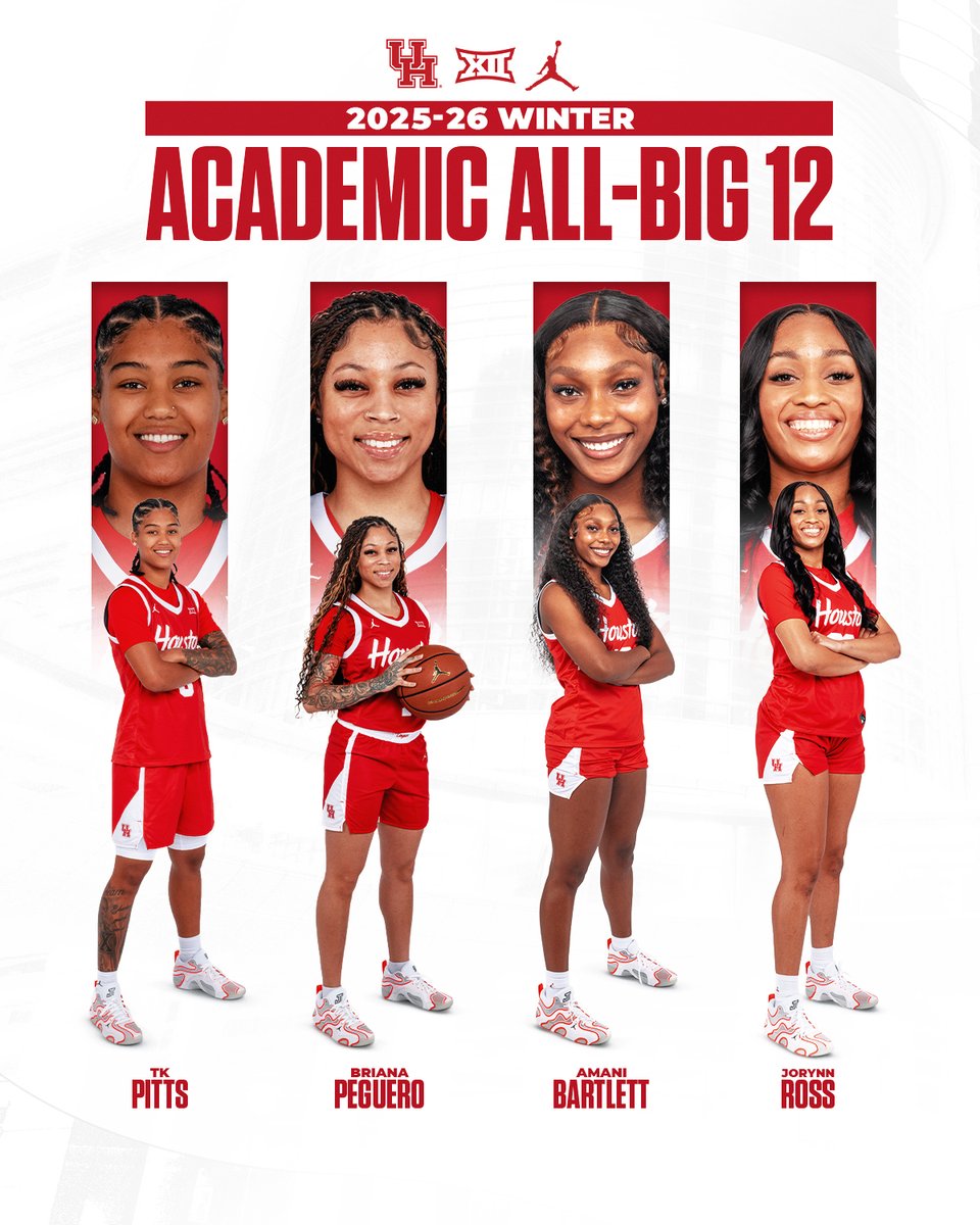 UHCougarWBB's tweet photo. Four Cougars on the 2025-26 Winter Academic All-Big 12 Team 👏

Congrats to TK Pitts, Briana Peguero, Amani Bartlett and Jorynn Ross! https://t.co/7DXDAs0LEY