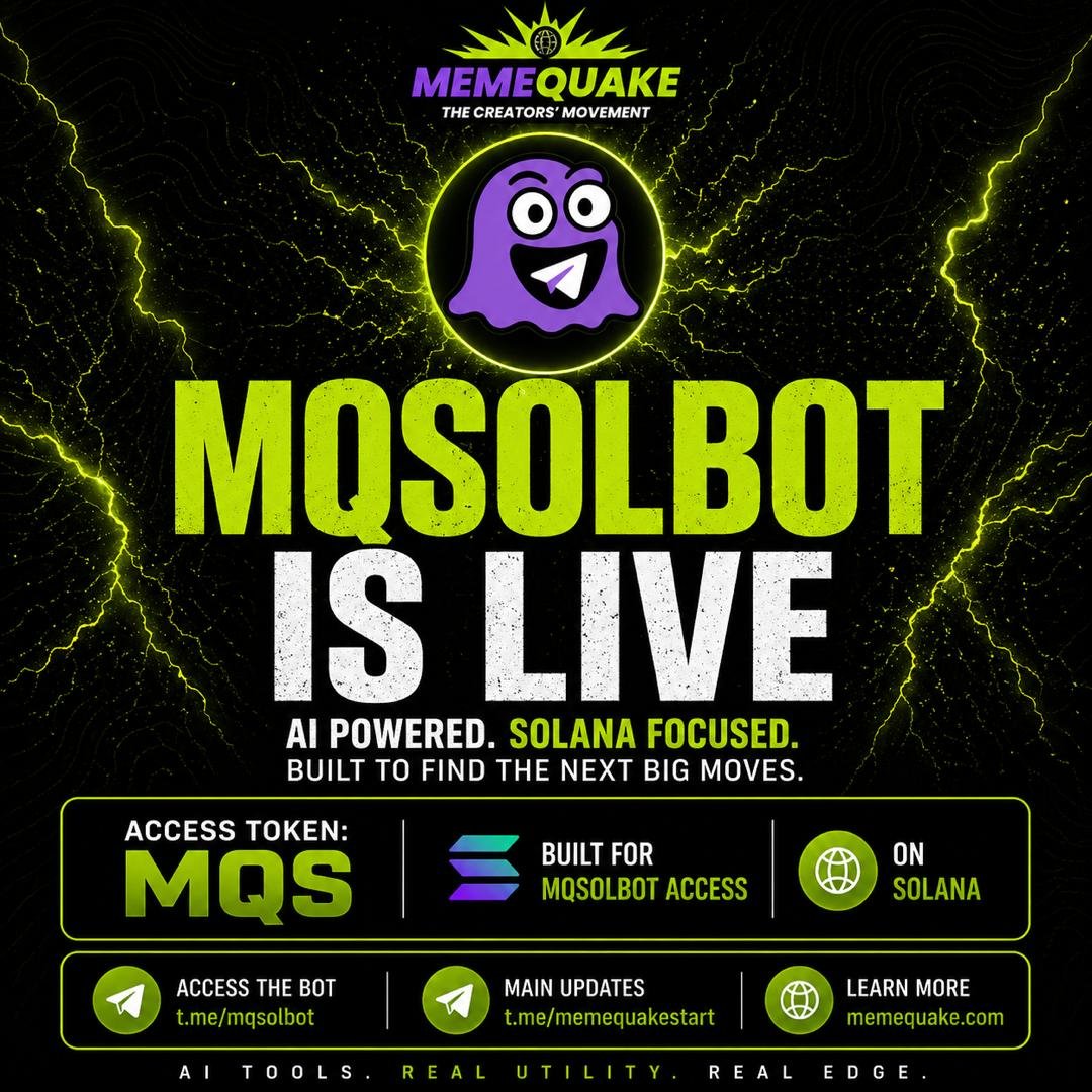 memequakenow's tweet photo. MQSolBot is live.

Built to scan hundreds of new Solana launches daily and filter out weak projects before they trend, this system has been tested quietly and is now open through its access token.

Official details:

Ticker: $MQS  
Network: Solana  $sol
Utility: Access to MQSolBot  

Contract:  
E3nM6QH2bLcVcZXdFii3f5NWnmmKZZBWjn4pRdeEpump  

Access MQSolBot:  
https://t.co/c0JGepc2bV  

Follow updates:  
https://t.co/3H1RU7BAVl  

DYOR ⚠️ NFA  
#MQS