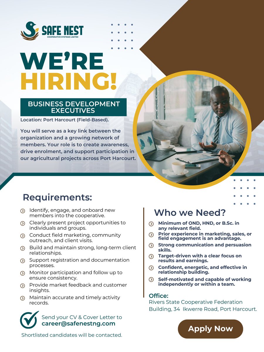 usesafenest's tweet image. We are developing a strong and scalable agricultural ecosystem where modern production meets structured cooperative participation. We seek ambitious, persuasive, and results-driven Business Development Executives to drive growth and expand our community.

#hiring