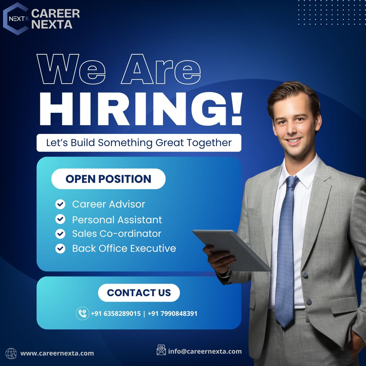 CareerNexta's tweet image. WE ARE HIRING! 📢

We’re looking for top talent to fill these roles: 💼 Career Advisor 📎 Personal Assistant 📈 Sales Coordinator 🖥️ Back Office Executive
Ready to level up your career? 🚀
Apply here: [info@careernexta.com]#Jobs #Hiring #Career #Employment