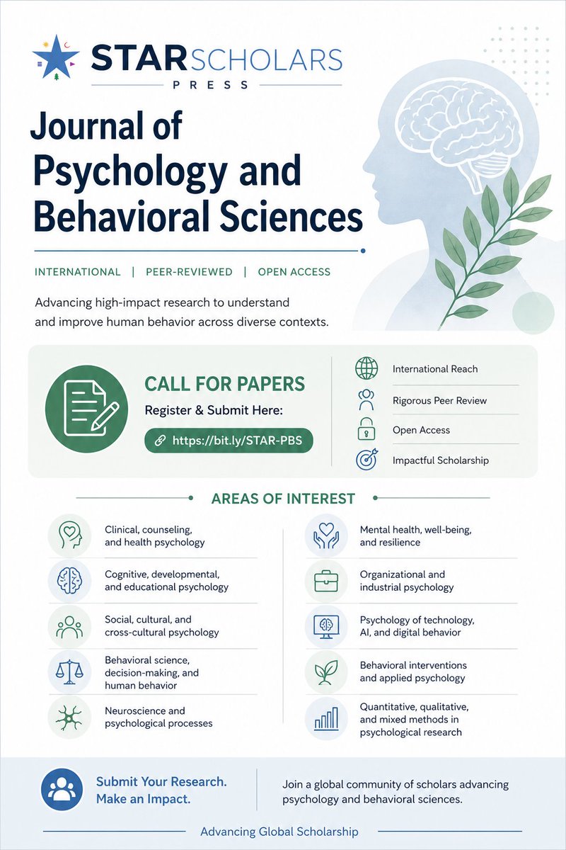 jistudents's tweet image. Submit your research on human behavior, mental health, AI, and more.
International | Peer-reviewed | Open Access
Submit here: bit.ly/STAR-PBS
#CallForPapers #Psychology #BehavioralScience #OpenAccess
