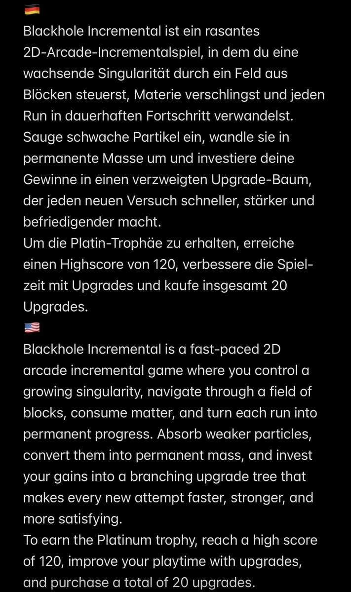 PSN_Robert2567's tweet image. #Review
🎮 Blackhole Incremental • PS5
🏆 13 Trophies | 💯 Easy | ⏱ ~ 5-7 min
💰 $3.99 | 🗂️ 4 Stacks 
🌍 EU • NA • AS • JP
📅 Release:  30.04.2026
👤 @OivenGames 

instagram.com/p/DXw4T4dCEFO/…