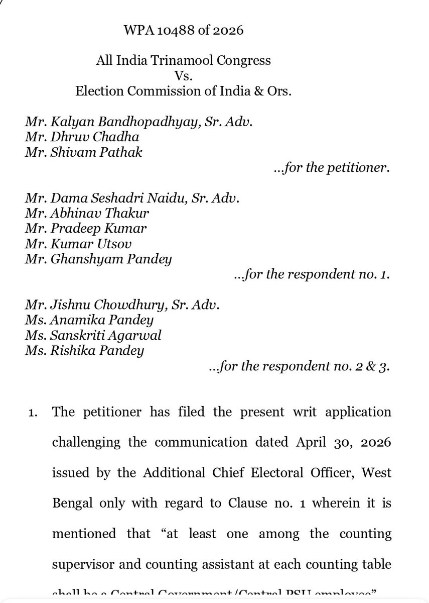 RShivshankar's tweet photo. BIG: TMC BID TO GET LEVERAGE OVER COUNTING PROCESS BLOCKED.
HIGH COURT BACKS EC ON CENTRAL COUNTING STAFF IN BENGAL.
Petition challenged use of Central Govt/PSU employees as counting supervisors & assistants.
High Court says: • EC & its officers are fully empowered under RPA, 1951
• Appointments of Central/PSU staff are lawful (as per Handbook norms)
• Micro-observers + CCTV ensure transparency
• Allegations of bias = unsubstantiated