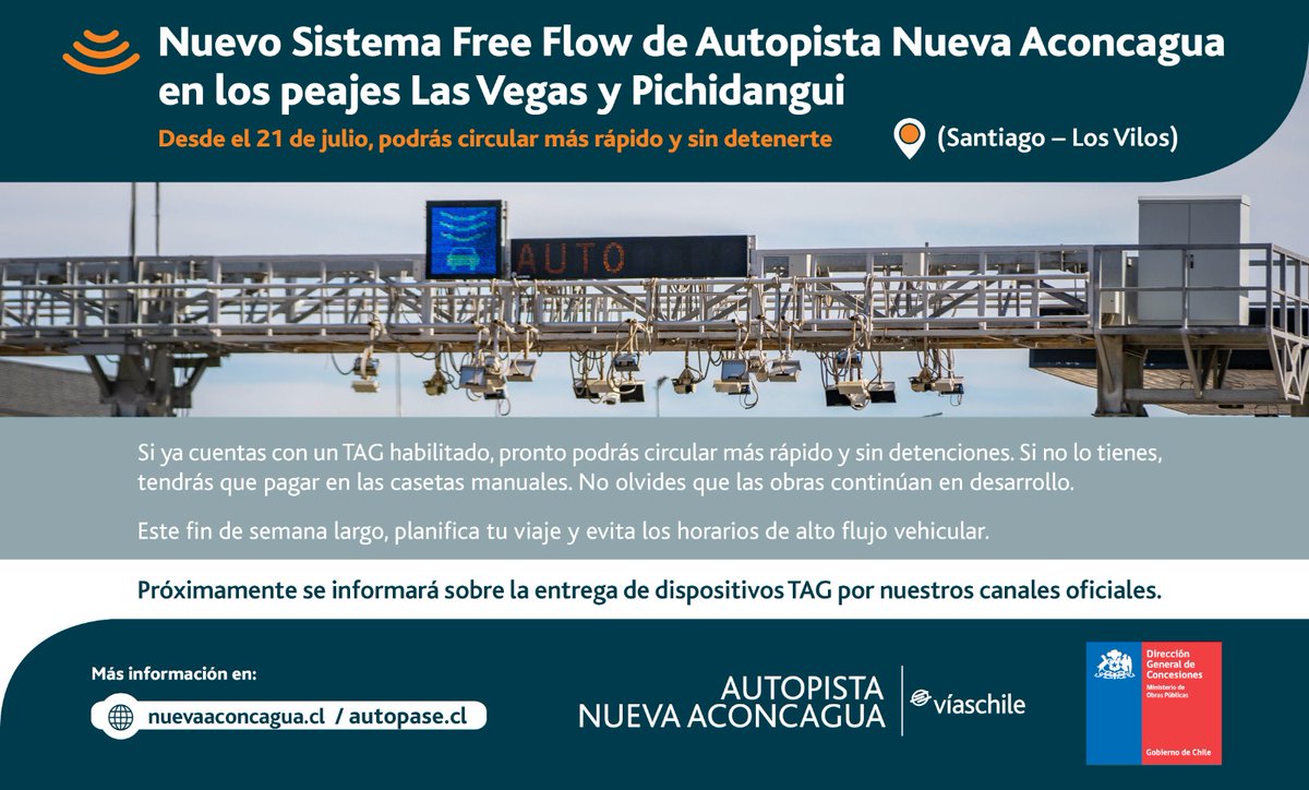 Autop_Aconcagua's tweet photo. 🚧 Continúan Obras Free Flow en #NuevaAconcagua para que desde el 21 de julio puedas transitar de manera más expedita y sin detenciones 😉✅🚙 Infórmate más en: https://t.co/vI7LDaX3Fn y en tiempo real en X: @Autop_Aconcagua y Waze.
👉🏼Revisa valores, pagos y más sobre TAG en https://t.co/dkW8ntdLOq #VíasChile @mop_chile @Carabdechile @radiocarab @TTISantiago