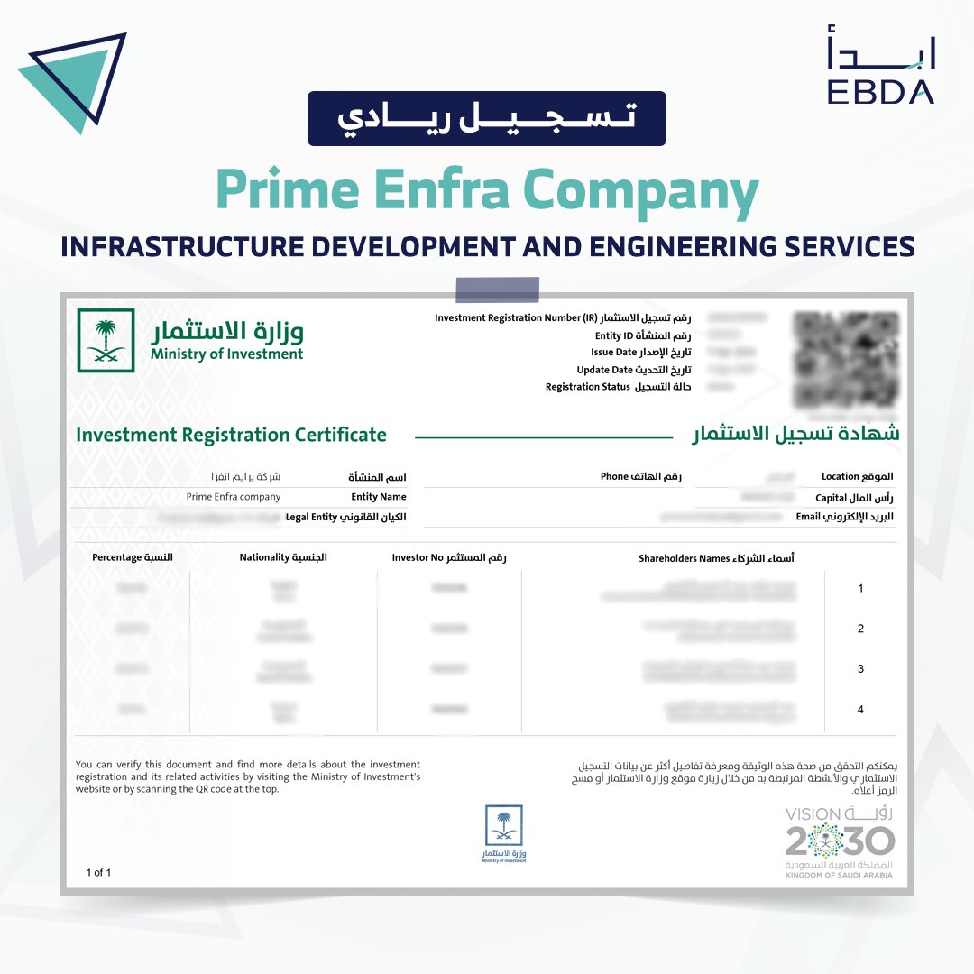 Ebdaservices's tweet photo. نفخر في إبدأ بمرافقة شركة
Prime Enfra Company
في حصوله�� على تسجيل ريادي في المملكة العربية السعودية 🇸🇦

🏗️ شركة متخصصة في
Infrastructure Development & Engineering Services
تقدّم حلول متكاملة لتطوير البنية التحتية وتنفيذ المشاريع الهندسية وفق أعلى المعايير

✅ تسجيل رسمي
✅ خبرة في المشاريع الهندسية والتطوير
✅ جاهزية لدخول السوق السعودي والمنافسة بقوة

— — —

💡 عندك شركة هندسية أو مشروع بنية تحتية وتفكر بالتوسع في السعودية؟

نساعدك في:
• تأسيس شركتك في السعودية
• استخراج التراخيص بسرعة
• اختيار الهيكل المناسب لنشاطك
• العمل بملكية أجنبية 100%

— — —

📲 احجز استشارتك المجانية الآن:
+966569414553

#إبدأ #تأسيس_شركات #السعود��ة #استثمار #Infrastructure #Engineering #Construction #Vision2030