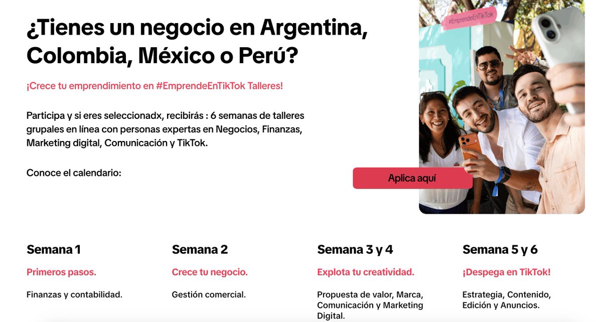 ManolaZabalza's tweet photo. Atención MiPyMEs en México, Colombia, Argentina y Perú esta oportunidad es para ustedes 💜

Ya está abierta la convocatoria #EmprendeEnTikTok 2026 que ofrece un programa GRATUITO y 100% virtual de @TikTokLatAM y New Ventures. 

¿Qué obtendrás?

📚 6 semanas de talleres en finanzas, marketing digital y estrategia en TikTok. Se seleccionan 10 negocios por país.

🎯 Mentorías personalizadas
Los 3 mejores por país reciben sesiones 1:1 con expertos en negocios y TikTok.

💰 Capital semilla por país:
🥇 $15,000 USD
🥈 $10,000 USD
🥉 $5,000 USD

Todo 100% virtual y GRATIS.

📅 Postulaciones abiertas hasta el 5 de julio de 2026.

Regístrate en https://t.co/YjYw0GISGt

#MiPyMEs #Emprendimiento #LATAM #Mexico