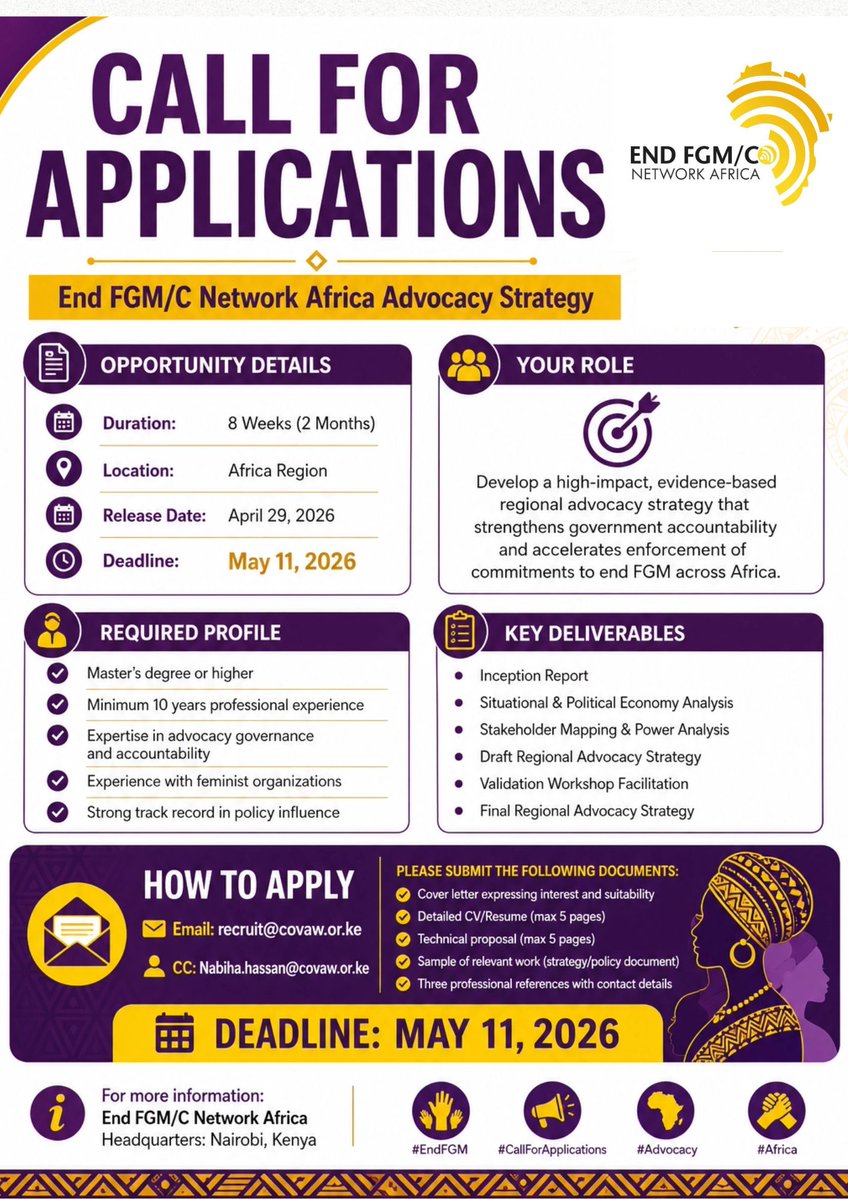 endfgm_africa's tweet image. 📢 CALL FOR APPLICATIONS

The End FGM/C Network Africa is recruiting a consultant to develop a Regional Advocacy Strategyfocused on government accountability.

Duration: 8 weeks Location: Africa Region Deadline: May 11, 2026

📧Apply: recruit@covaw.or.ke

#EndFGM @OrchidProject