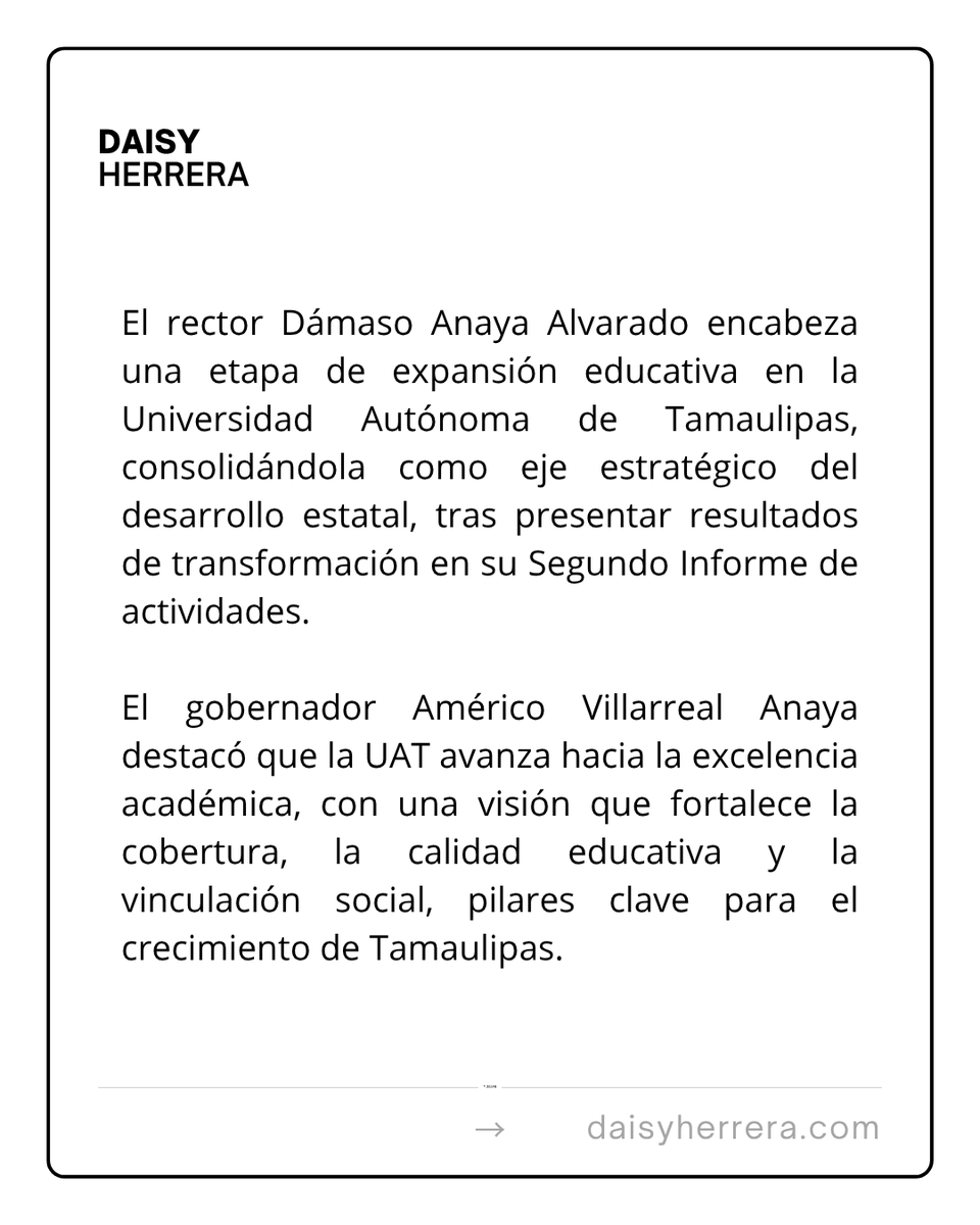 ReporteraDaisy's tweet image. #ElPuntoEs 🔴Dámaso Anaya Alvarado impulsa la expansión educativa de la UAT con crecimiento histórico en matrícula, programas y vinculación en Tamaulipas.

ℹ️Información de Daisy Herrera Medrano

#UAT #Tamaulipas #CdVictoria #Reynosa #Matamoros #NuevoLaredo #Altamira #Tampico