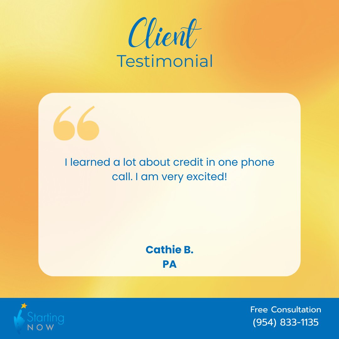 startingnowcorp's tweet image. ✨Thriving Thursday!✨  When clients leave their first call feeling informaed and excited, that's a great start. Ready to begin your own credit journey? Book a FREE consultation at (954) 833-1135
#CreditEducation #Begin #Support #CreditHelp #FinancialIndependence #Confidence