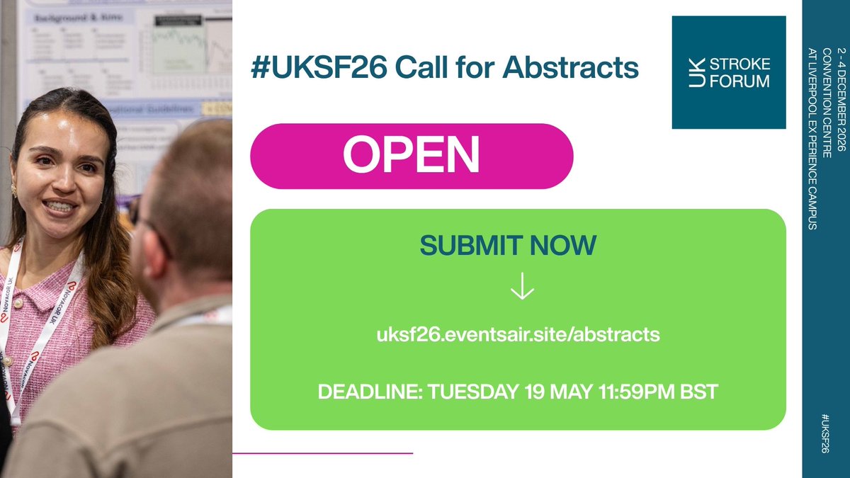 UKStrokeForum's tweet photo. Don’t forget 📢 Abstract submissions for #UKSF26 are open! Did you make the most of the bank holiday and submit your abstract? 

Your work could help shape the future of stroke care. Get involved!

Submit now 👉https://t.co/s993zM2Gdi https://t.co/3YPUoYdzQ4