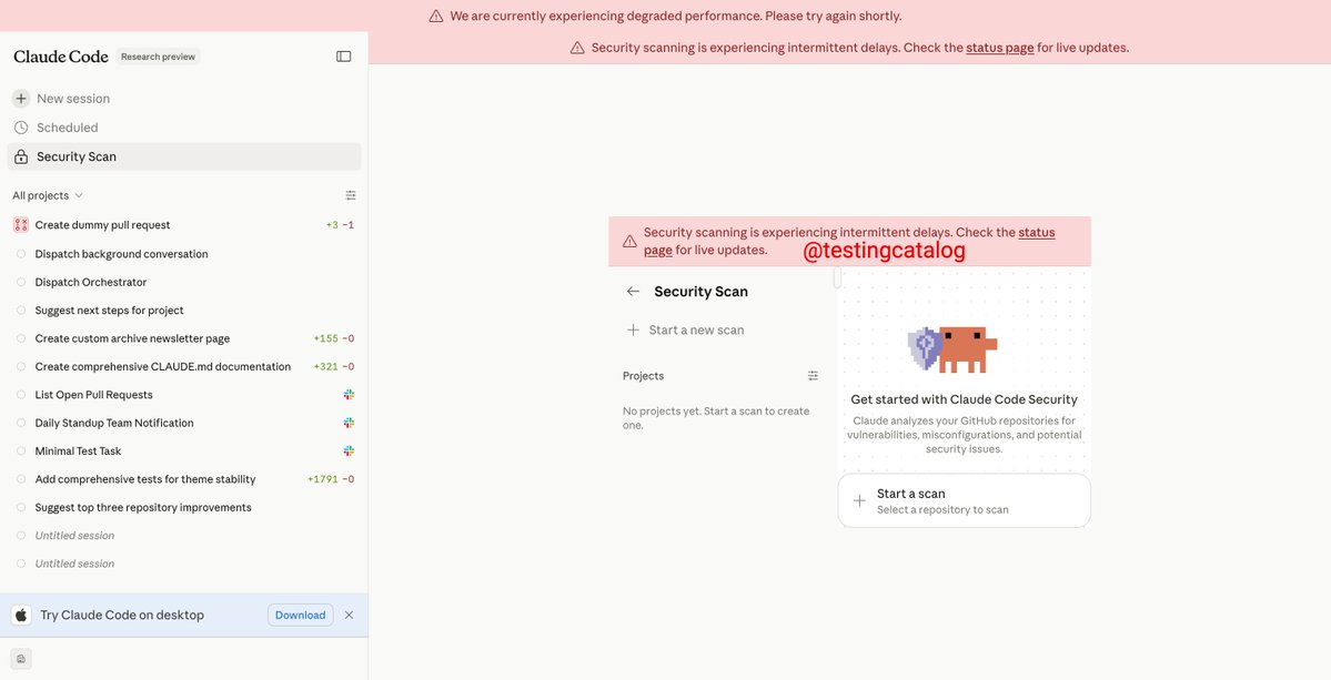An earlier research preview build showed Security Scan as a first-class Claude Code surface.