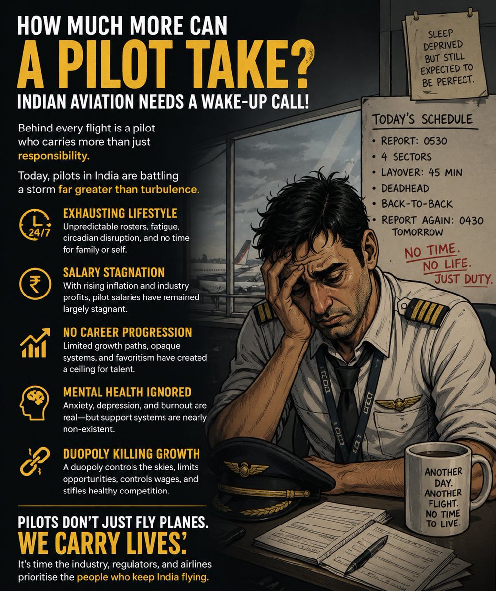 videsipilot's tweet image. Pilot reality. Not everything is glamorous anymore.
2 pilots dead in 1 week.
Behind the uniform—pressure, uncertainty, and a system that isn’t keeping up.
This needs attention.

#PilotLife #IndianAviation #AviationSafety