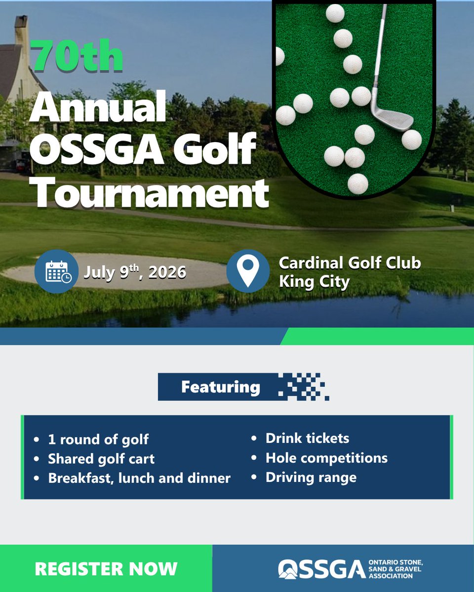 _OSSGA's tweet photo. 🏌️‍♂️ Spots are filling up for OSSGA’s Annual Golf Tournament!

This is one of the best days of the year to connect with industry peers, enjoy great golf and strengthen relationships across the aggregate sector.

✅ Secure your spot today and join us on the green: https://t.co/24AVx91vY7