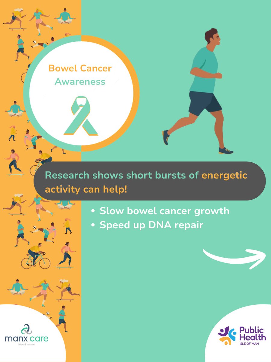 PublicHealthIOM's tweet image. Move more, reduce your risk!
A study from Newcastle University shows that short bursts of energetic activity can shut down bowel cancer growth and speed up DNA damage repair. ncl.ac.uk/press/articles…
Find out more at publichealth.gov.im/getactive
#getactive #bowelcancerawareness