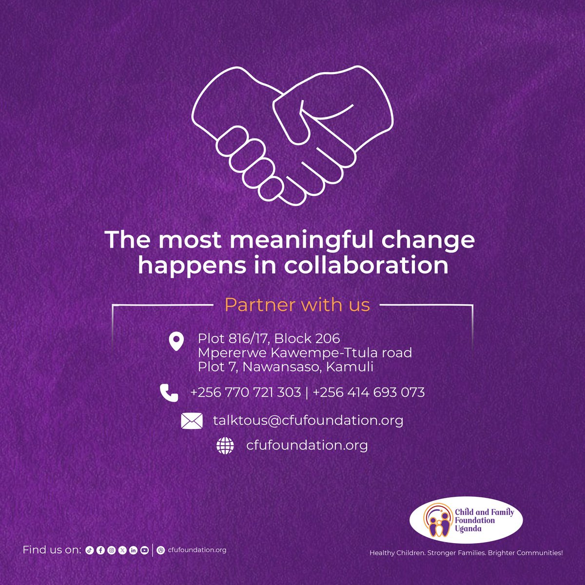 cfufoundationUG's tweet image. At Child and Family Foundation Uganda, we collaborate with organizations, institutions, and individuals who share our commitment to improving the lives of children and families.

If you are interested in working with us, we would love to start a conversation.

#partnership