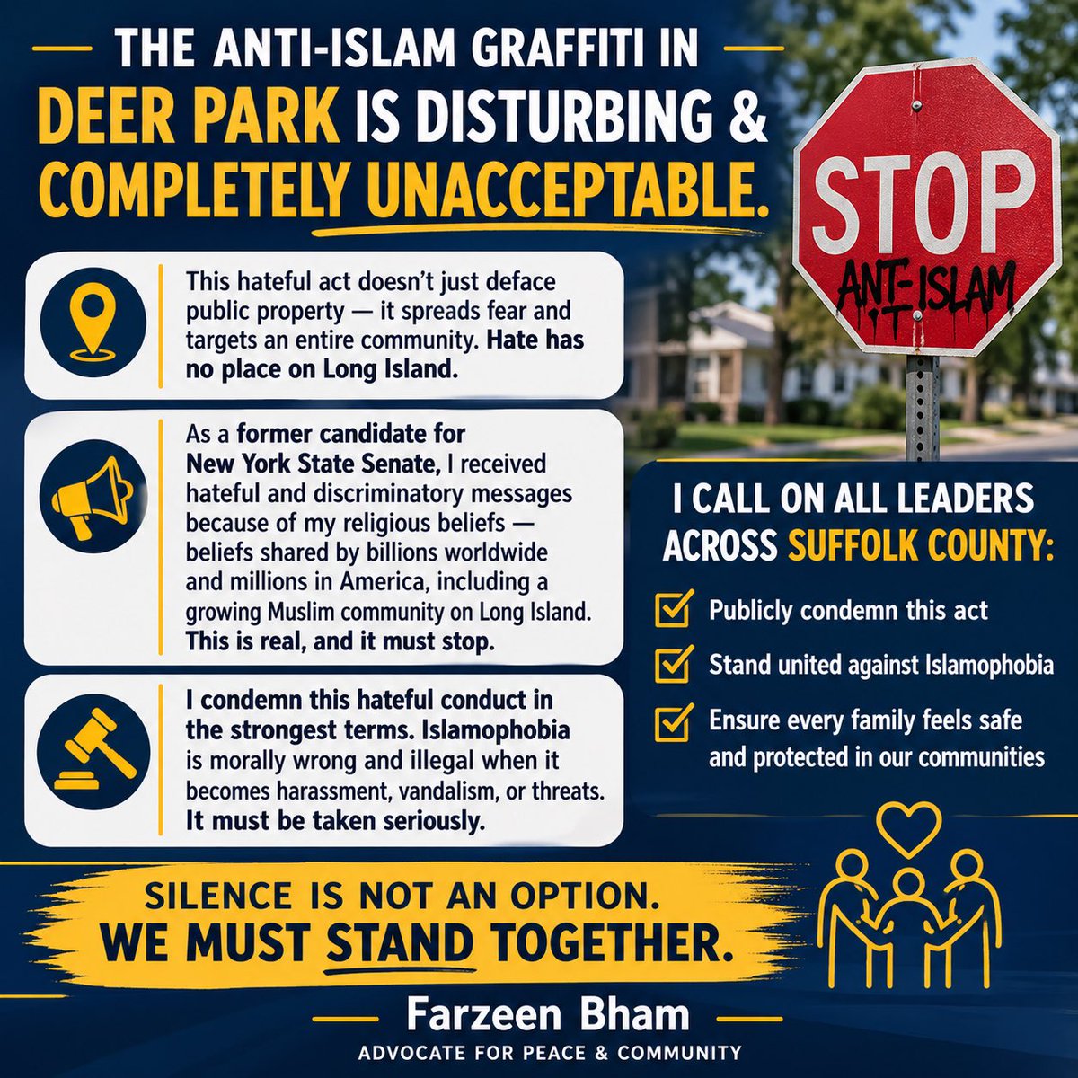 FarzeenforNY's tweet image. Deeply disturbing to see hate in Deer Park—a community built on diversity and respect. As a former NY State Senate candidate, I’ve experienced Islamophobia firsthand.

Hate isn’t just offensive it’s illegal.
 I stand with the Muslim community. #StopHate #longisland