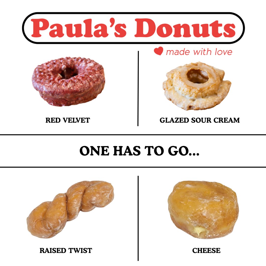 PaulasDonuts's tweet image. That is a hard one! 🤔🍩🫶
FREE DONUT w/ purchase of any Beverage today!!

Order online for a quick pick-up: paulasdonuts.com

#cheese #raisedtwist #chocolate #peanutbutter #redvelvet #coffee #hotchocolate #milkndonuts #mintoreo #cookiesncream #donutslovecoffee