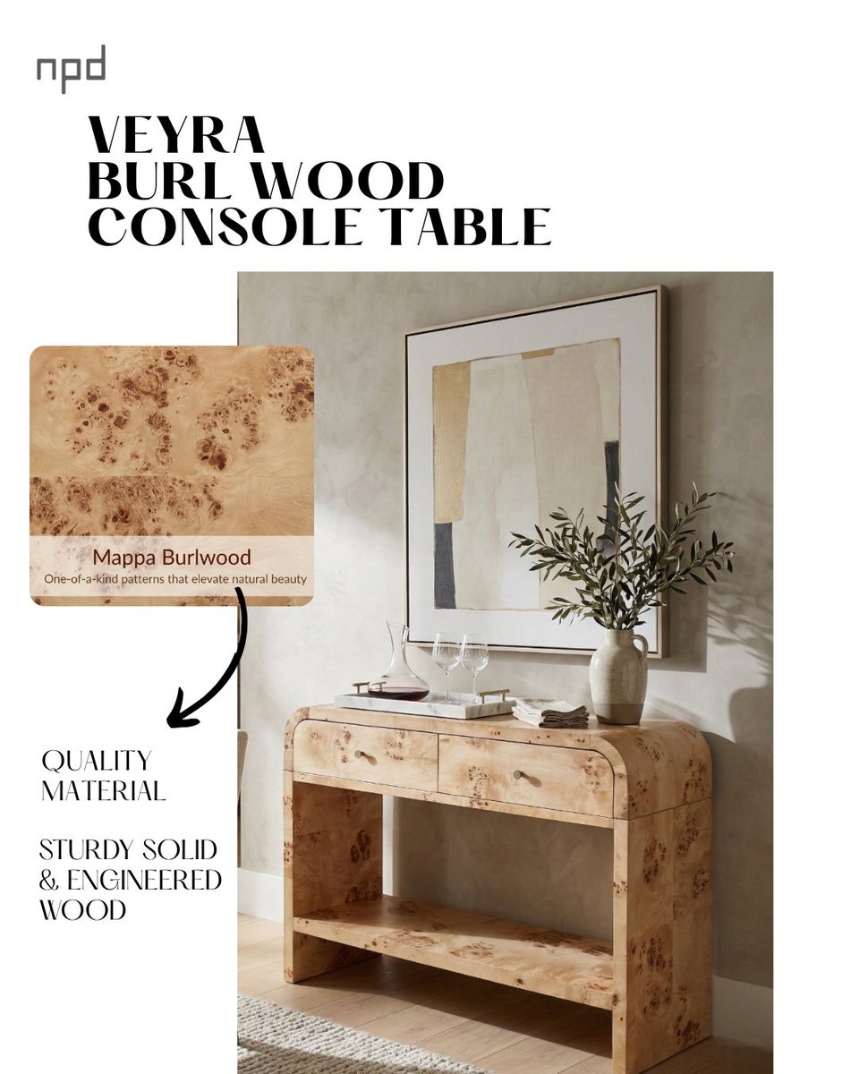 socialnpd's tweet image. Today’s the last day to save an extra 15% off New Collections. Brighten your space with the Veyra KD Burl Wood Console Table in Natural Burl, featuring a softly rounded silhouette that showcases beautifully unique burl grain. #newpacificdirect #newcollection