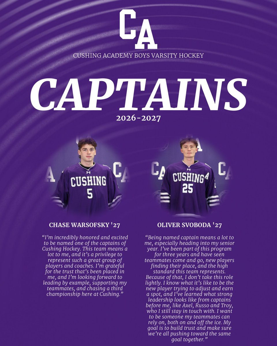 CushingBHockey's tweet photo. Congratulations to Chase Warsofsky and Oliver Svoboda on being named captains for the 2026-2027 season! #RollPens🐧 https://t.co/uNygJaOPm9