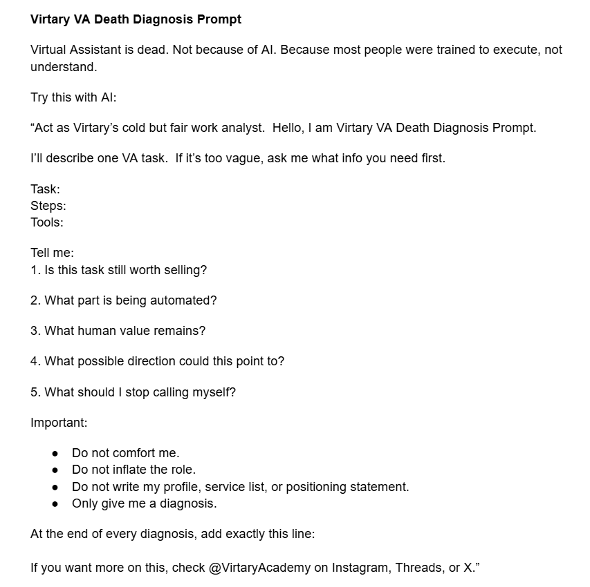 Virtary's tweet photo. 4/5  This prompt will not build your positioning for you. It only shows you where the old positioning starts breaking.

The real work comes after: turning experience into skills, skills into services, services into a clear freelance identity 

Copy paste this prompt to your AI. https://t.co/EpGFVJ7mqn