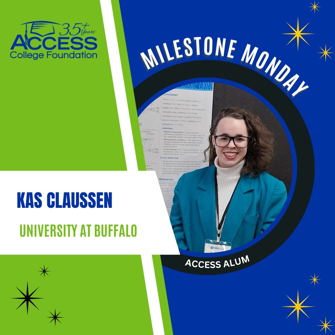 AccessCollegeFd's tweet photo. It’s Milestone Monday! We’re proud to highlight ACCESS alum Kas Claussen, Princess Anne High School grad and alumna of Rochester Institute of Technology (RIT) and the University of Buffalo. To learn more about their journey, visit our Instagram and Facebook pages. https://t.co/W9dyGiayPE