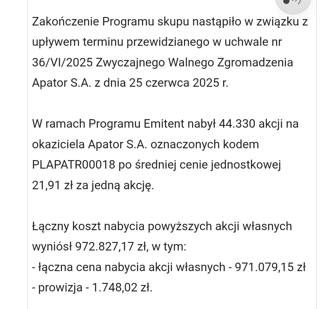 valueseekerPL's tweet photo. #Apator
Zakończył się okres na skup akcji własnych w celu umorzenia -przez blisko rok spółka skupiła akcje za niecały 1mln choć miała na ten cel przeznaczona kwotę 10krotnie wyższa, ale ustaliła max cenę na 22zl a przez większość okresu kurs był powyżej więc nie było możliwości kupna
Jako jest sens ustalania takich warunków, które uniemożliwiają zrealizowanie pełnego skupu? 🤔
Być może ta niewykorzystana gotówką pójdzie na większą dywidendę lub nowy skup po wyższej cenie - potencjalny trigger na wzrost kursu