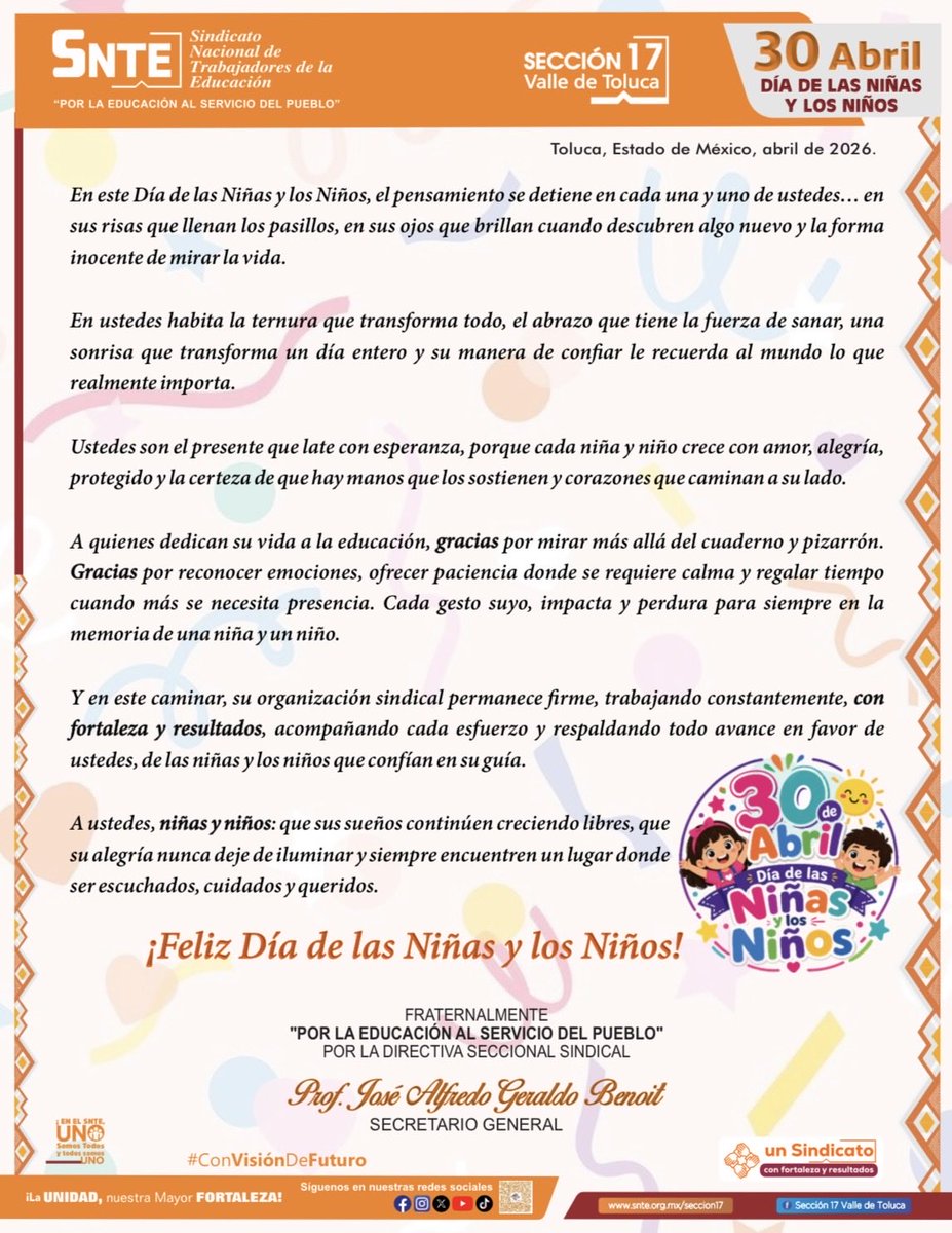 17_snte's tweet photo. ¡Feliz Día de las Niñas y los Niños! 🌈✨

#Sección17
#SNTE
#DíaDeLasNiñasYLosNiños
#ConVisiónDeFuturo
#UnidadConBenoit https://t.co/WQW0kYaUlj