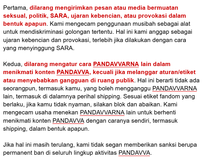 <a href="/deecarmine_/">Dee Carmine 🇵🇸</a> Halo.

Hashtag official PANDAVVA tidak untuk digunakan bagi post seperti ini ya. Mohon segera take down post ini.

Selain itu, ada beberapa hal yg perlu kami tegur dengan keras karena melanggar etiket fandom: